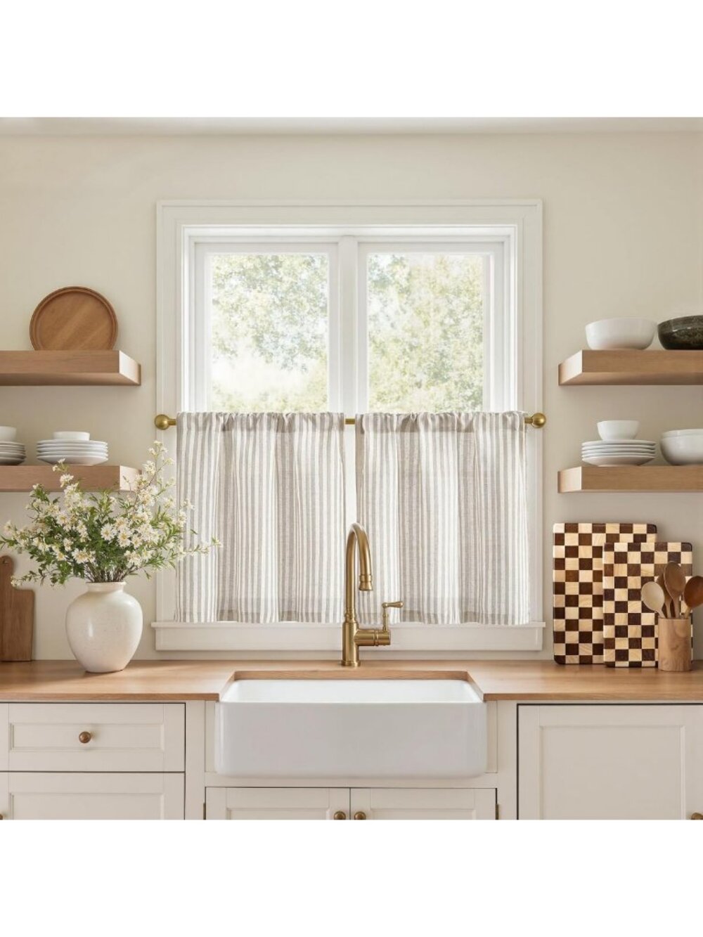 Striped Linen Kitchen Tier Curtains - 20 Inch, Taupe Grey, 2 Panels for Home